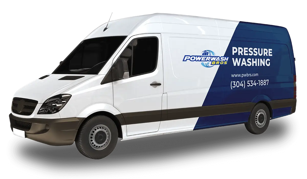 Powerwash Bros service area map of North Central West Virginia and a branded service van